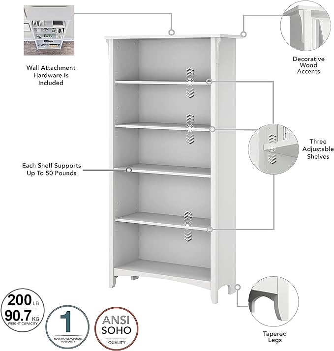 Bush Furniture BSH24463038 Salinas 5-Shelf 63-Inch H Bookcase, Pure White