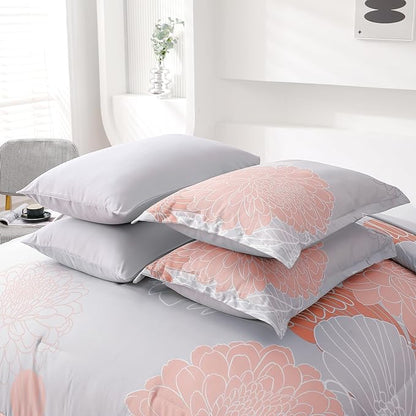 Yiran Blush Grey Floral Bed in a Bag Comforter 7 Pieces Soft Microfiber Comforter Set Bedding Set King Size 103"×90"(1 Comforter,2 Pillowcases,2 Pillow Shams,1 Flat Sheet,1 Fitted Sheet)