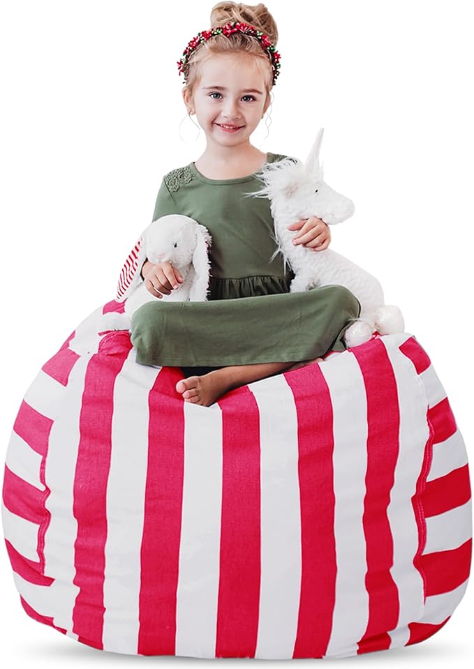 Creative QT Stuff ’n Sit Large 33’’ Bean Bag Storage Cover for Stuffed Animals & Toys – Hot Pink & White Stripe – Toddler & Kids’ Rooms Organizer – Beanbag Makes Great Plush Toy Hammock Alternative