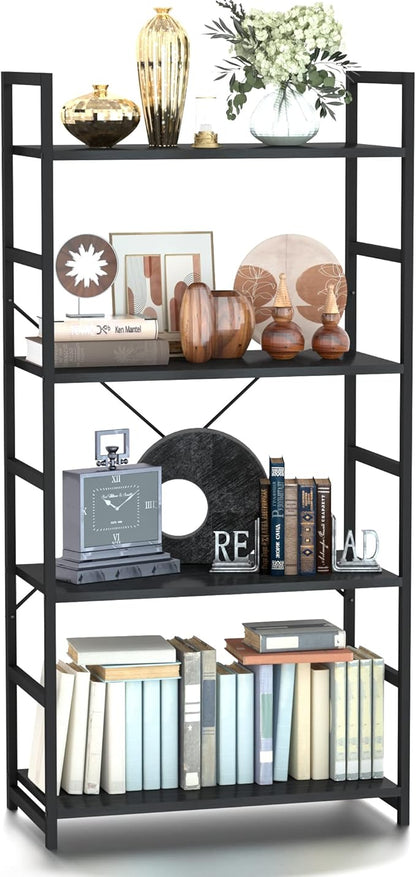 NUMENN 4 Tier Bookshelf, Tall Bookcase Shelf Storage Organizer, Modern Book Shelf for Bedroom, Living Room and Home Office, Black