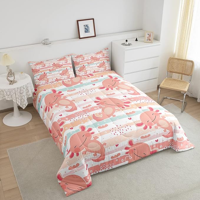 Manfei Cute Axolotl Comforter Set King Size,Rainbow Stripes Quilt Set,Animal Theme Bedding Comforters 3pcs for Kids Teens Girls Boys Room Decor,Pink Romantic Soft Duvet Set with 2 Pillowcases