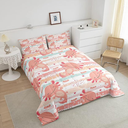 Cute Axolotl Comforter Set Queen Size Rainbow Stripes Quilt Set Animal Theme Bedding Comforters 3pcs for Kids Teens Room Decor,Pink Romantic Soft Duvet Set with 2 Pillowcases