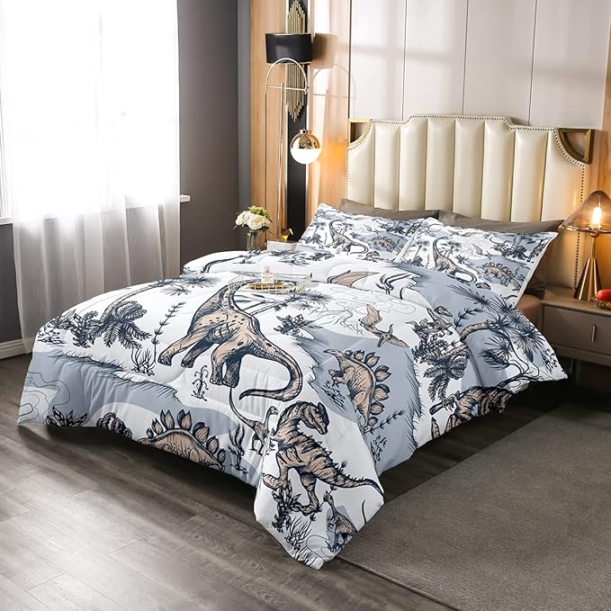Erosebridal Kids Dinosaur Comforter Set, Dino Palm Tree Bedding Set Full Size for Boys Teens Adult Bedroom, Ancient Animal Duvet Sets Mountain Tropical Botanical Quilted Duvet with 2 Pillow Cases