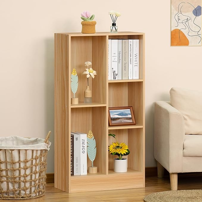LEYAOYAO 5 Cube Mid-Century Modern Natural Wood Bookshelf with Base, 3 Tier Storage Organizer Shelf, Rustic Wood Display Cabinet for Bedroom, Living Room, Office