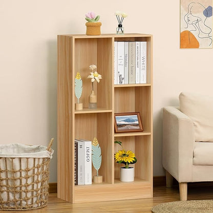 LEYAOYAO 5 Cube Mid-Century Modern Natural Wood Bookshelf with Base, 3 Tier Storage Organizer Shelf, Rustic Wood Display Cabinet for Bedroom, Living Room, Office