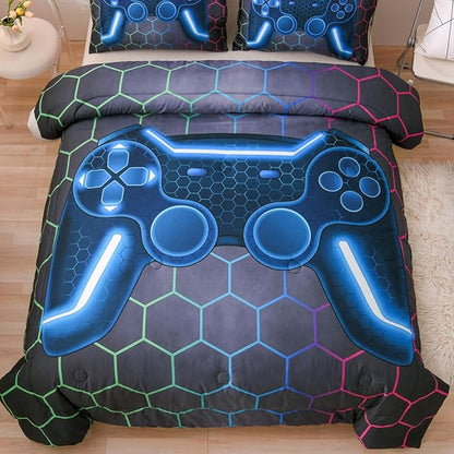 NTBED Game Console Comforter Set for Boys Girls Kids 3D Gaming Geometric Lightweight Microfiber Bedding Sets (Multi, Full)