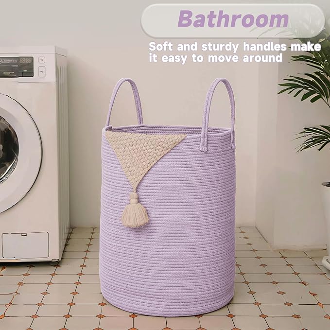Large Woven Laundry Basket Hamper,100L Cotton Rope Storage Bin for Blankets,Toys and Clothes,Decorative Tall Nursery Hamper for Living Room,Baby Nursery,Bathroom and Bedroom,Purple