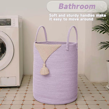 Large Woven Laundry Basket Hamper,100L Cotton Rope Storage Bin for Blankets,Toys and Clothes,Decorative Tall Nursery Hamper for Living Room,Baby Nursery,Bathroom and Bedroom,Purple