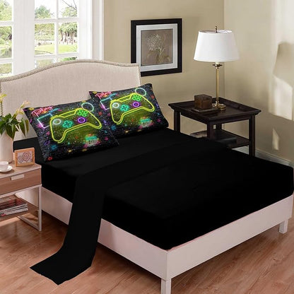 NINENINE Gaming Bedding 5PCS Queen Size Comforter Sets for Boys,Gamer Bedding Sets for Boys,Gampad Black Comforter Sheet Set(1Comforter, 1Flat Sheet, 1Fitted Sheet, 2Pillowcases)…