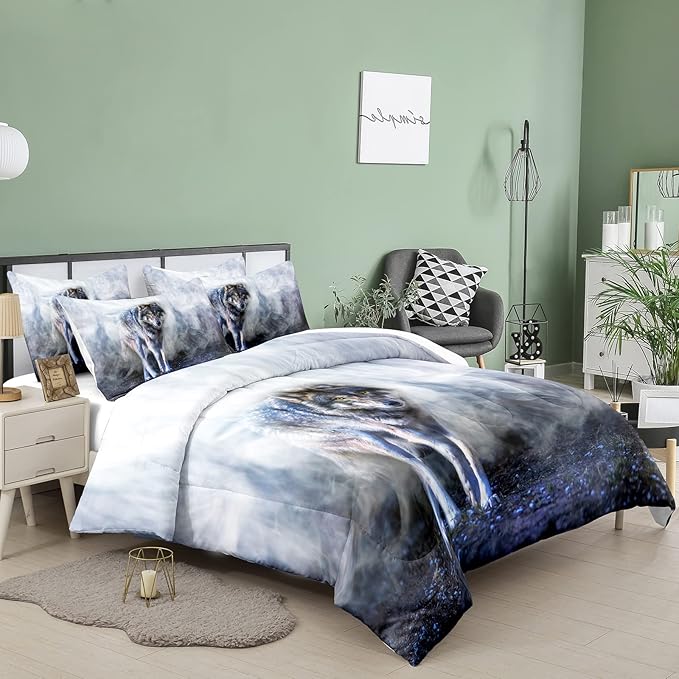 Bodhi Wild Wolf Comforter Set King for Boys,Mens Wolf Bedding Set, Wolf Standing in The Forest Surrounded by Fog, Wolf Comforter with Matching Pillowcases, 1 Comforter+2 Pillow Shams #4018