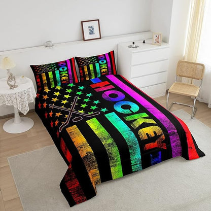 Erosebridal Boys Ice Hockey Bedding Set Queen Neon Rainbow American Flag Comforter Set For Kids Teen,Winter Sports Games Bed Comforter Set Retro Colorful Stripes Stars Quilt Duvet 2 Pillow Cases Black