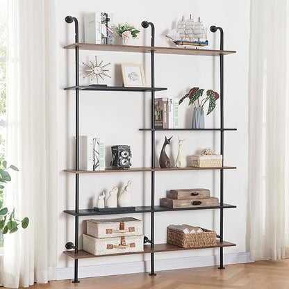 HOMISSUE Industrial Bookshelf 6-Tier Open Wall Mount Ladder Bookshelf, Modern Bookcase with Metal Frame and Wood Style for Home Office, Wall Mounted industrial Iron Pipe Shelf, Brown