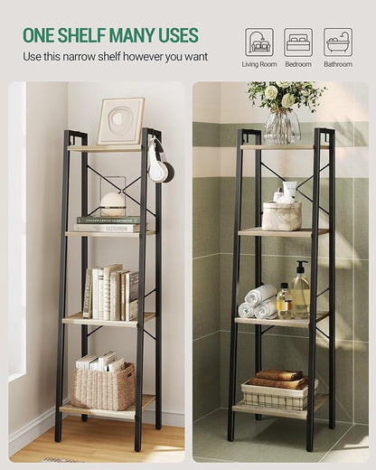 Ladder Shelf, Bookshelf Bookcase, Freestanding Corner Storage Shelve with 2 Hooks for Home Office, Living Room, Kitchen, Bedroom, Industrial, 4-Tier Greige BC13205B