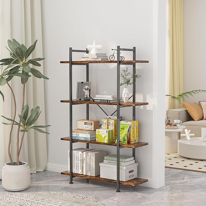 4 Tiers Bookshelf Rustic Brown Wooden Storage Shelf, Industrial shelf Book Organizer,Modern Open Display Storage Bookcase,Metal Bookshelf Standing Tall Shelving Units for Home Office Study.