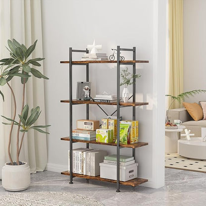 4 Tiers Bookshelf Rustic Brown Wooden Storage Shelf, Industrial shelf Book Organizer,Modern Open Display Storage Bookcase,Metal Bookshelf Standing Tall Shelving Units for Home Office Study.