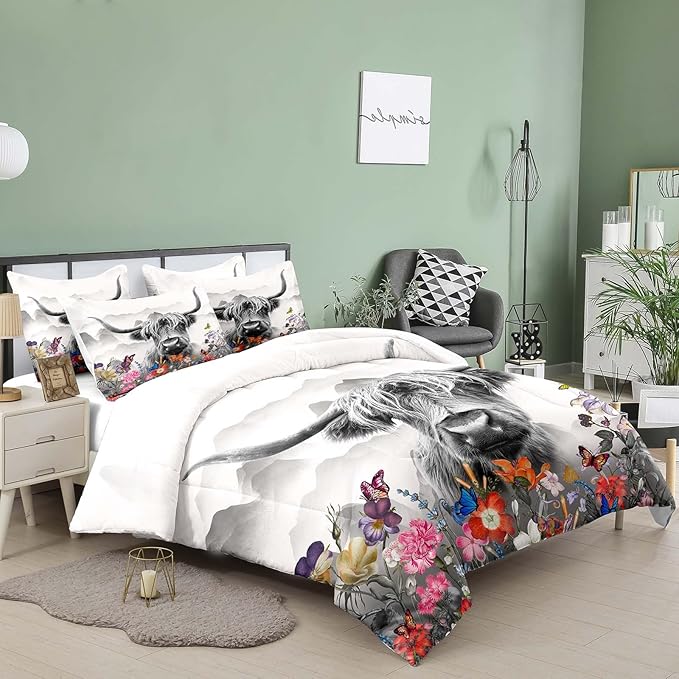 Tailor Shop Highland Cow Comforter Sets Twin Size,Highland Cow Bedding Set for Teens Kids Man,Cattle Comforter Western Animal Wildlife Farmhouse Bull Mountain Flower Comforter with 1 Pillowcase