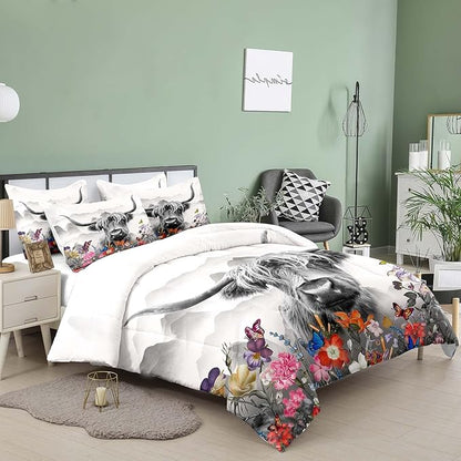 Tailor Shop Highland Cow Comforter Sets Twin Size,Highland Cow Bedding Set for Teens Kids Man,Cattle Comforter Western Animal Wildlife Farmhouse Bull Mountain Flower Comforter with 1 Pillowcase