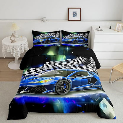 Blue Racing Car Comforter Set Full Size, Fast and Furious Extreme Sport Games Bedding Sets for Kids Boys Teens,Sports Car Bed in A Bag,Cool Modern Duvet Insert with 2 Pillowcases