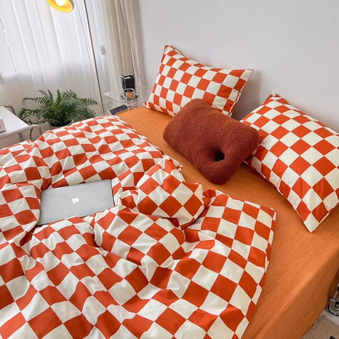 Wellboo Orange White Plaid Comforter Sets Full Women Girls Light Red Checkerboard Bedding Comforters Cotton Rust Caramel and White Checkered Geometric Quilts Adults Modern Grid Abstract Simple Bed