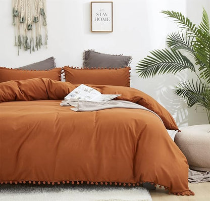 Pumpkin Comforter Set King Burnt Orange Pom Comforter 3 Pieces Pumpkin Color Boho Ball Pom Fringe King Comforter Bedding Set Women Solid Pumpkin King Bed Comforter Set All Season Gift