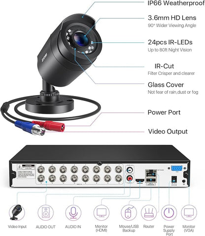 ZOSI 3K Lite 16CH Security Camera System,12pcs Wired 1080P Outdoor Indoor Weatherproof Cameras,AI Human Vehicle Detection,Night Vision,H.265+ 16 Channel CCTV DVR with 2TB HDD for 24/7 Recording