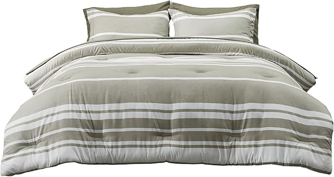 Bedsure Bed in a Bag Queen 7 Pieces, Olive Green White Striped Bedding Comforter Sets All Season Bed Set, 2 Pillow Shams, Flat Sheet, Fitted Sheet and 2 Pillowcases