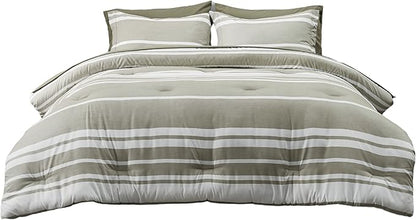 Bedsure Bed in a Bag Queen 7 Pieces, Olive Green White Striped Bedding Comforter Sets All Season Bed Set, 2 Pillow Shams, Flat Sheet, Fitted Sheet and 2 Pillowcases