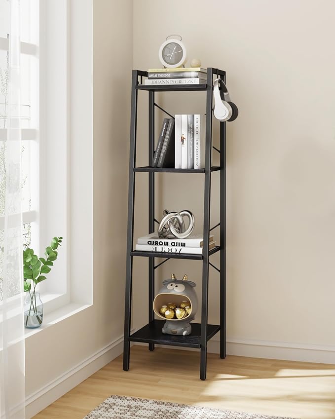 Ladder Shelf, Bookshelf Bookcase, Freestanding Corner Storage Shelve with 2 Hooks for Home Office, Living Room, Kitchen, Bedroom, Industrial, 4-Tier Black BC13204B
