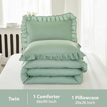 Andency Sage Green Twin Comforter Set, 2 Pieces Kids Ruffle Comforter Set Twin(66x90Inch), Farmhouse Shabby Chic Comforter Set, Soft Microfiber Kids Bedding Set