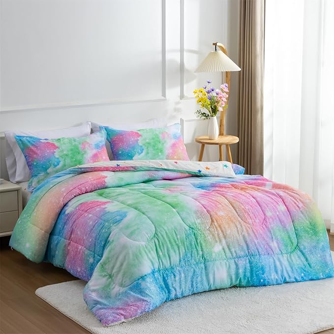 A Nice Night Galaxy Bedding Sets Outer Space Comforter 3D Printed Space Quilt Set Full Size Glitter Pink Green Color,for Children Boy Girl Teen Kids