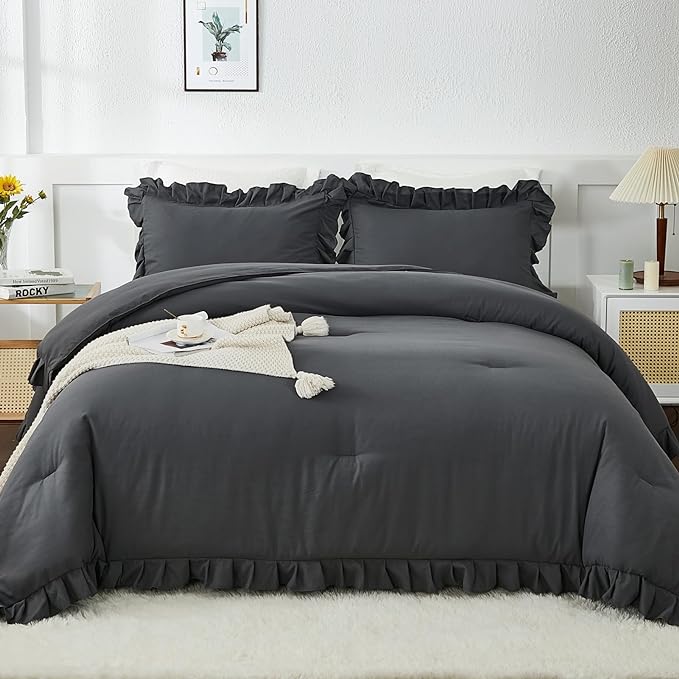 Andency Dark Gray King Comforter Set(104x90Inch), 3 Pieces(1 Ruffle Comforter and 2 Pillowcases) Lightweight and Fluffy Bedding Comforter Set, All Season Soft Microfiber Shabby Chic Bedding Set