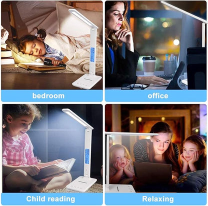 LED Desk Lamp, Desk Lamp with Wireless Charger, Suitable for Home, Office Dimmable Desk Lamp, with USB Charging Port, Built-in Clock, Calendar, Thermometer and Automatic Timing Reading Desk Lamp.