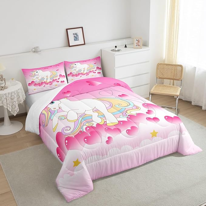 Girls Unicorn Comforter Set Queen Girly Fantasy Rainbow Unicorn Bedding Set for Kids Little Girls, Pink Love Heart Duvet Sets Dreamy Horse Cartoon Magical Animal Down Comforter with 2 Pillowcases