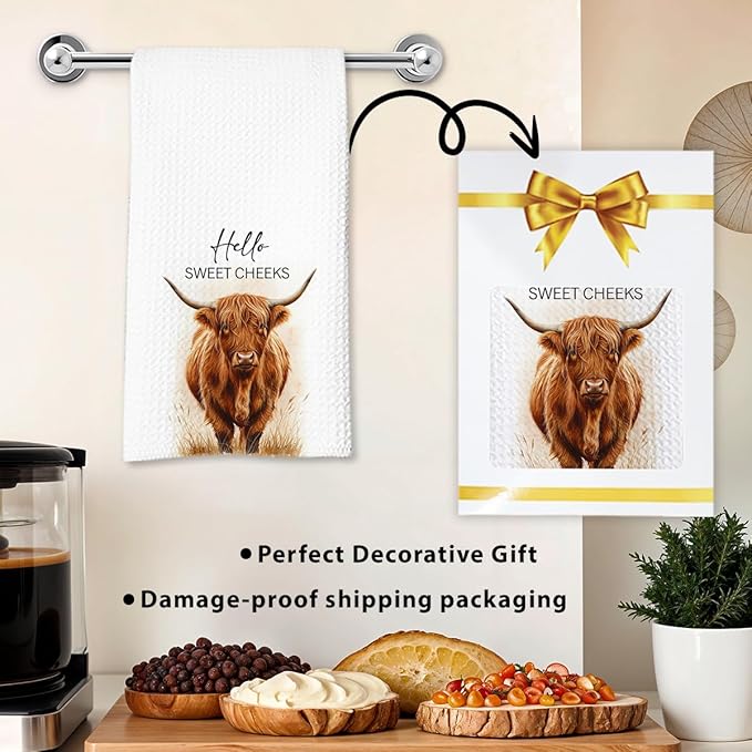 Highland Cow Farmhouse Hand Towels for Bathroom Kitchen Decor | Waffle Weave Microfiber Dish Towel Set | Hello Sweet Cheeks Farmhouse Cow Decorative - A01