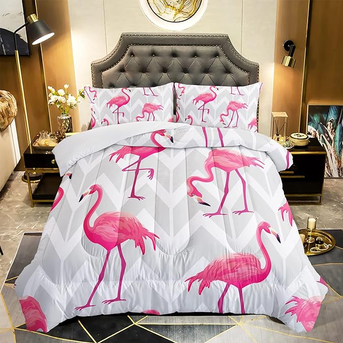 Flamingo Comforter Set Full Size Tropical Flamingo Geometric Stripe Bedding Set Flamingo Quilted Duvet for Kids Girls Boys Adult with 1 Comforter and 2 Pillowcases