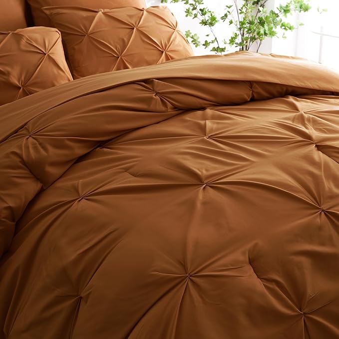 Ubauba 7pc Burnt Orange Queen Comforter Set, Rust 7 Piece Pintuck Bed in a Bag with Sheets, All Season Pinched Pleat Bedding Comforters & Sets,(Rustic, Queen Size)