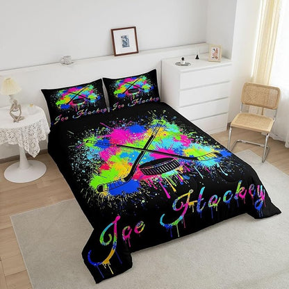 Feelyou Kids Ice Hockey Comforter Set Twin Size Gaming Sports Bedding Set for Boys Girls Teens Bedroom Decor Ice Sports Games Tie Dye Comforter Hockey Player Duvet Set with 1 Pillow Case