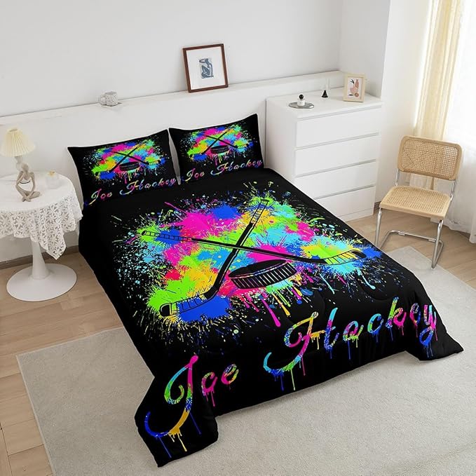 Kids Ice Hockey Comforter Set Full Size Gaming Sports Bedding Set for Boys Girls Teens Bedroom Decor Ice Sports Games Tie Dye Comforter Hockey Player Duvet Set with 2 Pillow Case