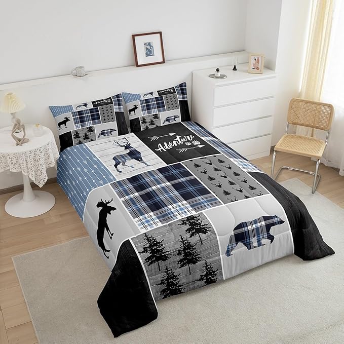Rustic Adventure Kids Comforter Set King Size,Deer Bear Pine Trees Xmas Bedding Set for Boys Girls Adults Room Decor,Plaids Arrows Wooden Patchwork Down Comforter,Blue Duvet Insert,2 Pillowcases