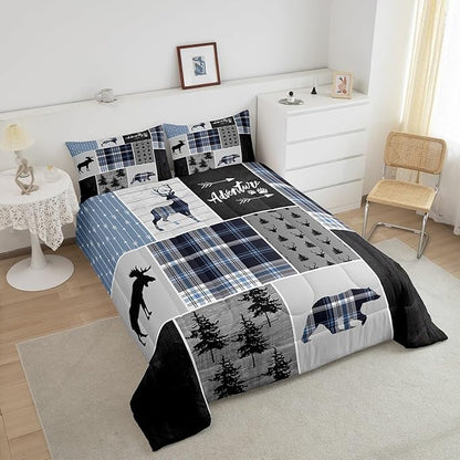 Rustic Adventure Kids Comforter Set King Size,Deer Bear Pine Trees Xmas Bedding Set for Boys Girls Adults Room Decor,Plaids Arrows Wooden Patchwork Down Comforter,Blue Duvet Insert,2 Pillowcases