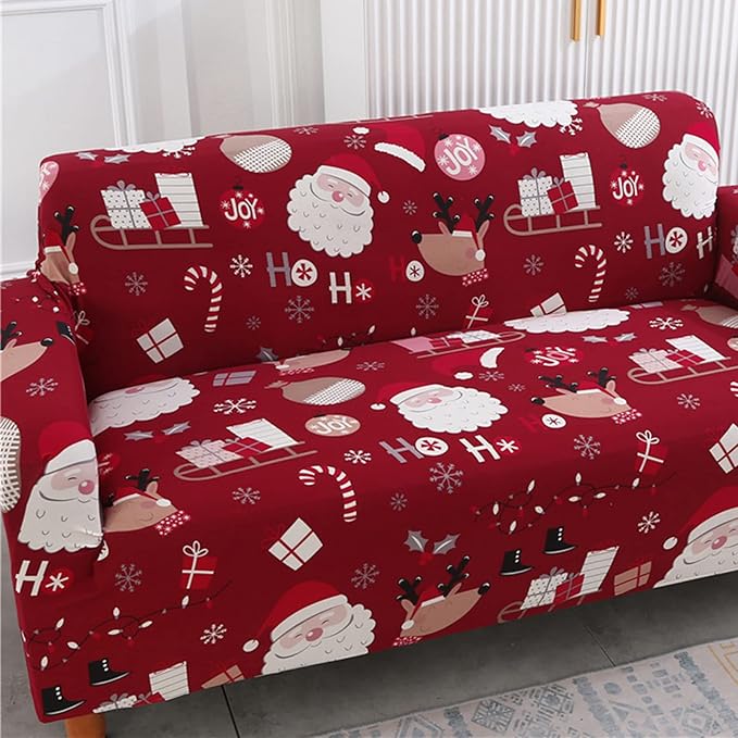 Mybedsoul Christmas Sofa Cover Santa Claus Printed Sofa Couch Cover Washable Furniture Protector with Elastic Bottom Xmas Home Room Festival Decoration(2 Seater/Loveseat)