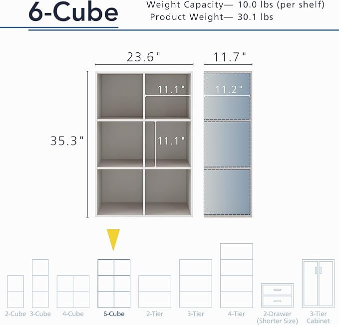 Apexa 6 Cube Storage Organizer Shelves, Stackable Wood Bookcase Fits Cubby Bins for Organization, Dorm Teen Room Decor & Home Office, Greige