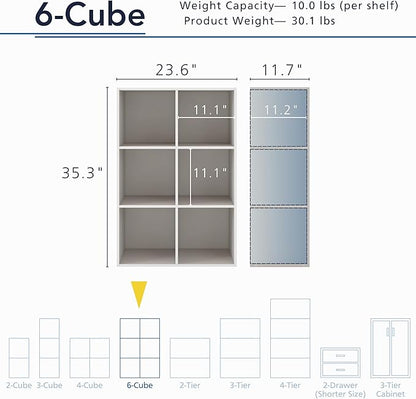 Apexa 6 Cube Storage Organizer Shelves, Stackable Wood Bookcase Fits Cubby Bins for Organization, Dorm Teen Room Decor & Home Office, Greige