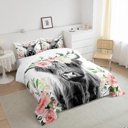 Highland Cow Bedding Set Kids Rose Floral Bull Cattle Comforter Set for Girls Teens Western Wildlife Animal Comforter Farmhouse Duvet Set Room Decor Quilt Set Twin Size