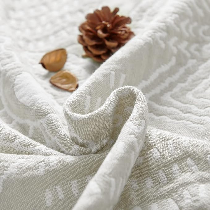 jinchan Boho 100% Cotton Muslin 50x60 Throw Blanket Lightweight 3-Layer Light Grey Blanket Washable Reversible Breathable Decorative Geometric Striped Patterned Soft Cozy for Sofa Bed All Season Gift