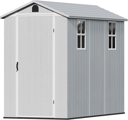 Devoko 4×8 FT Resin Outdoor Storage Shed, Garden Shed with Floor, Lockable Door and Two Windows, Waterproof Outside Plastic shed for Backyard, Bike, Tools, Lawn Mower, Light Grey
