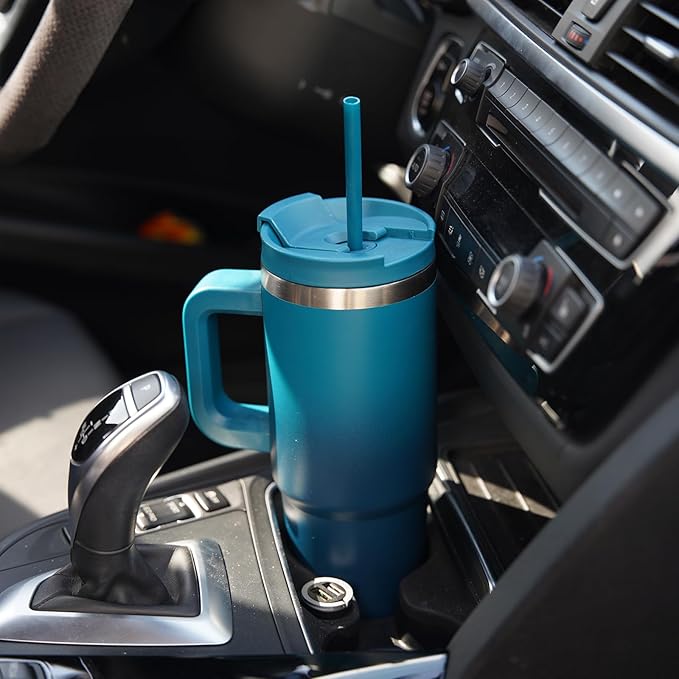 Konokyo 40 oz Insulated Tumbler Water Bottle with Handle, Straw Lid | BPA-free and dishwasher safe; made for gym, travel, coffee and gifting, 2 straws, cup holder friendly,Blue