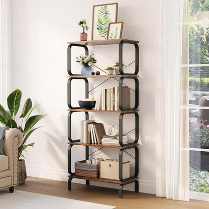 zbet 5 Tier Bookshelf, Modern Sturdy Bookcase,Industrial Metal and Wood Shelf, Tall Free Standing Book Shelf for Living Room, Bedroom, Kitchen and Home Office(Rustic Brown)