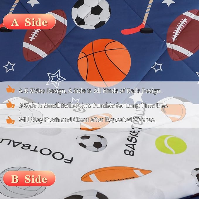 RYNGHIPY Kids Sports Theme Bedding Set, Basketball Football Baseball Tennis Print Comforter Set for Teens Boys Girls, Super Soft Lightweight (Balls,Full)