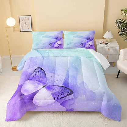 Butterfly Comforter Queen Size,Watercolor Butterfly Kids Comforter Set,3Pcs Bedding Set Printed Comforter with 2 Pillowcases,Down Alternative,Soft and Lightweight,for All Seasons